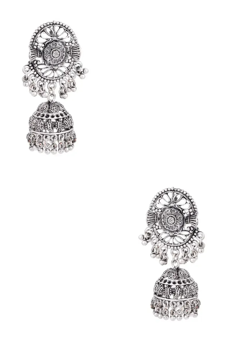 Oxidized Silver Floral Jhumki Earrings for Women
