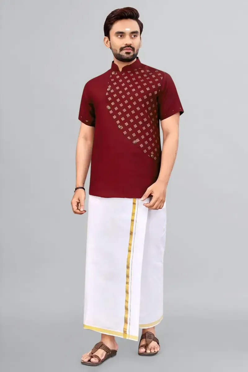 Cotton Gold Print Short Kurta for Men