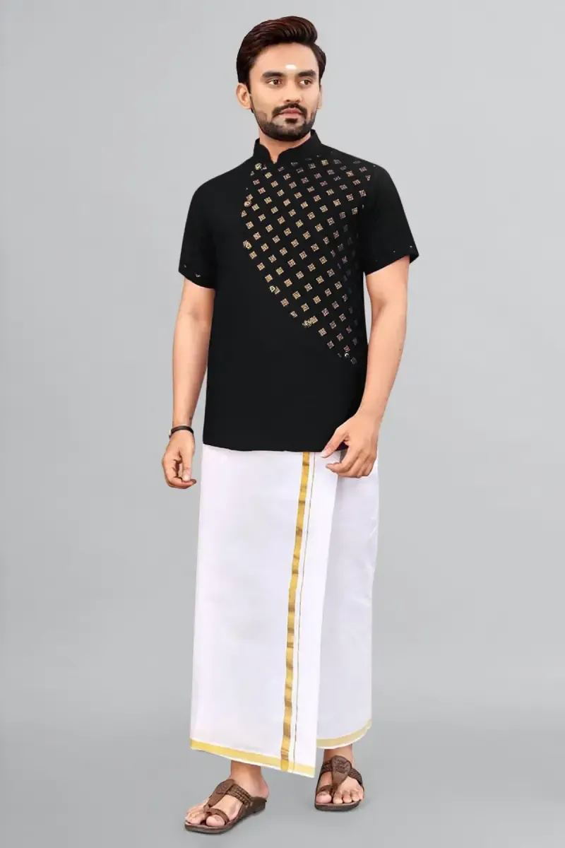 Cotton Gold Print Short Kurta for Men