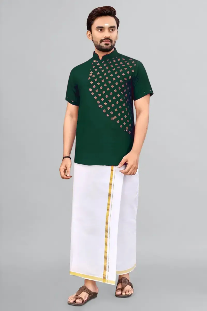 Cotton Gold Print Short Kurta for Men