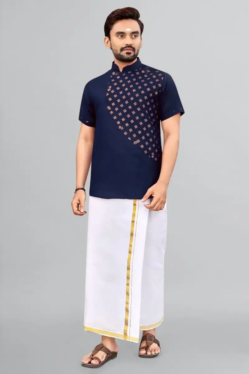 Cotton Gold Print Short Kurta for Men