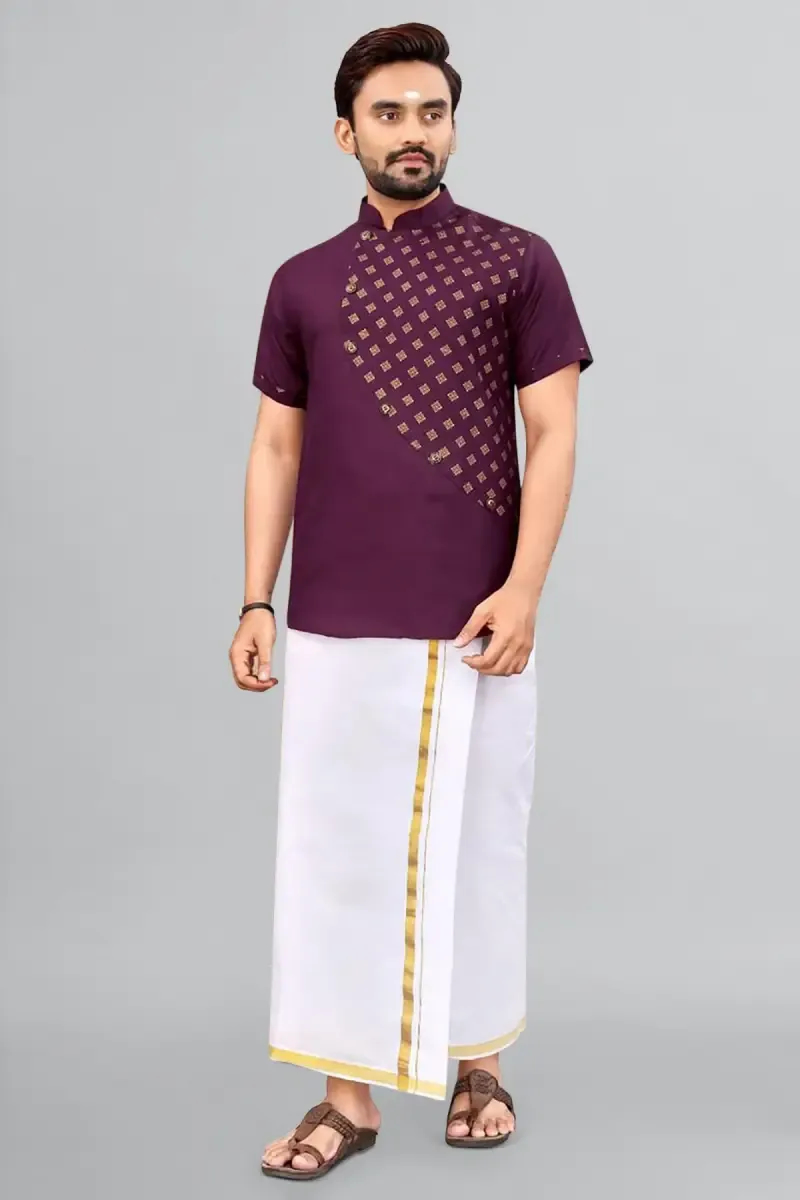 Cotton Gold Print Short Kurta for Men