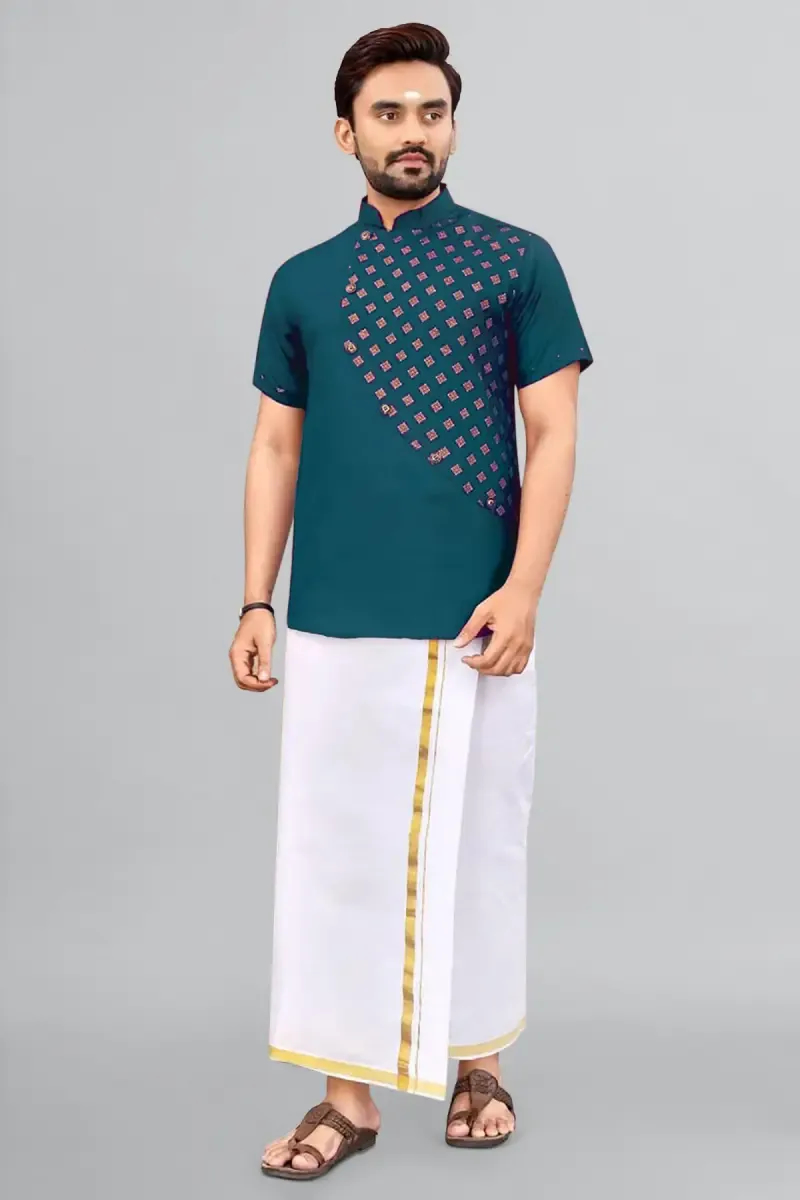 Cotton Gold Print Short Kurta for Men