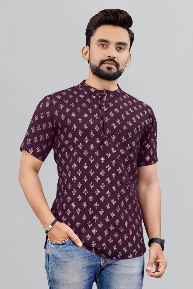Cotton Gold Print Short Kurta for Men