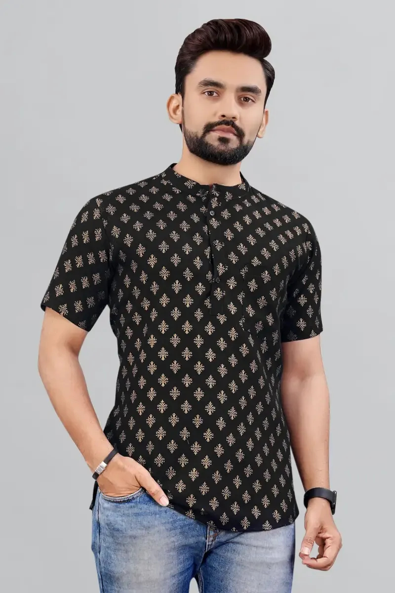 Cotton Gold Print Short Kurta for Men