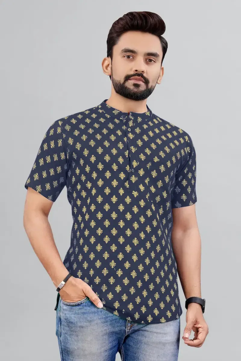 Cotton Gold Print Short Kurta for Men