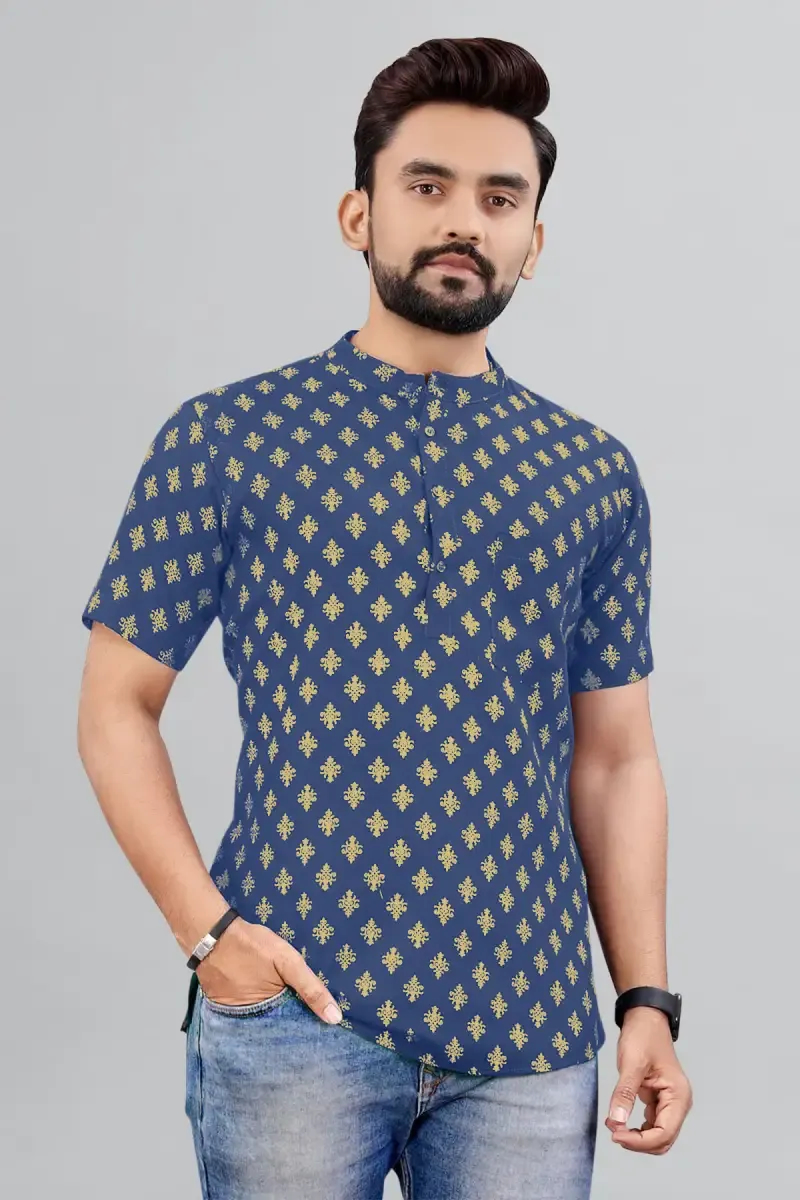 Cotton Gold Print Short Kurta for Men