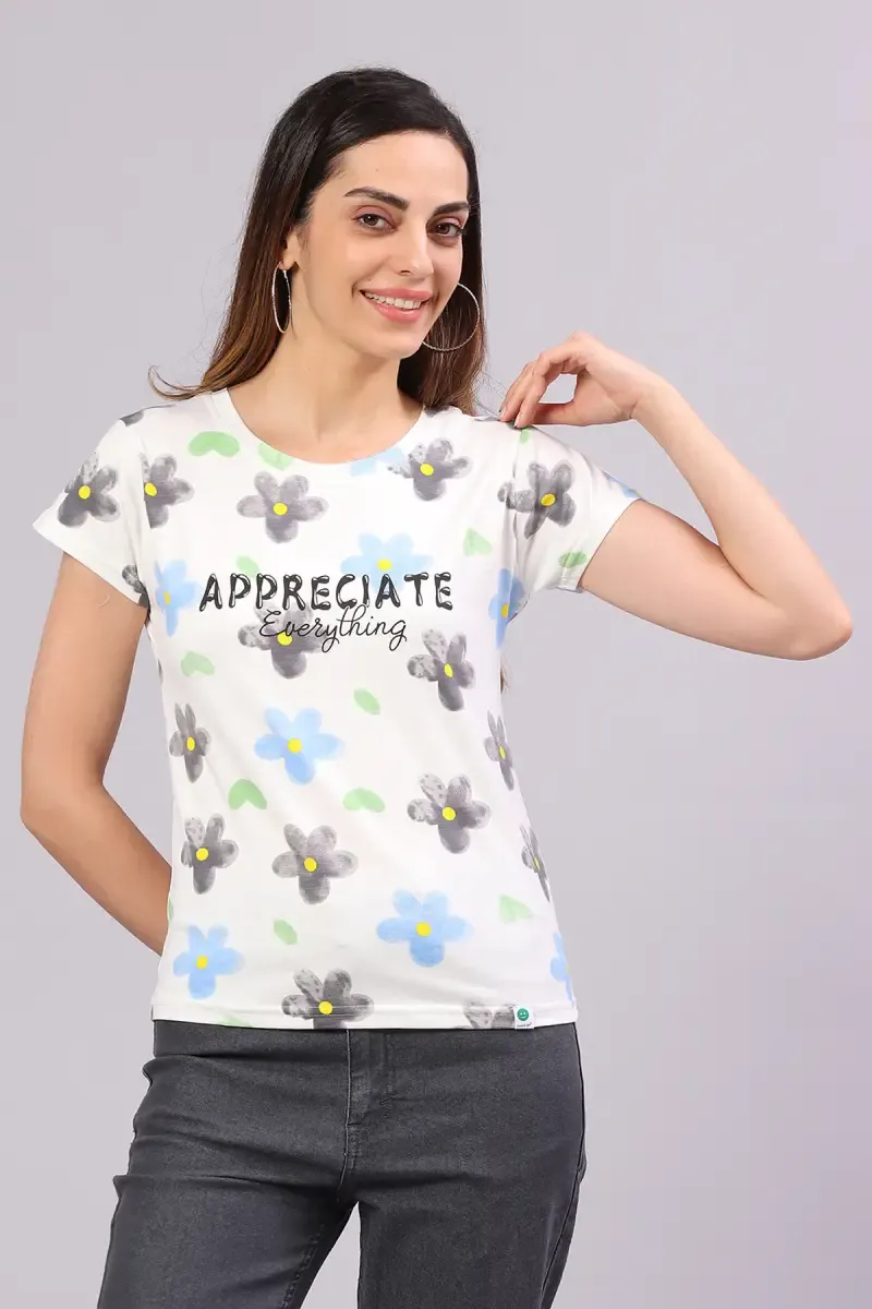 Cotton Blend Floral Printed T-Shirt for Women