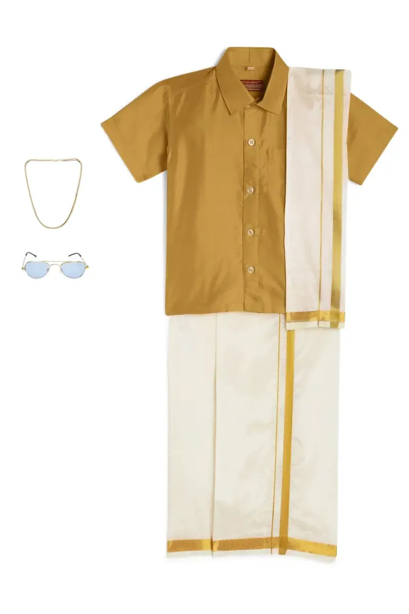 Boy's Art Silk Shirt & Dhoti with Angavasthuram 5 Pcs Set (Accessories Included)