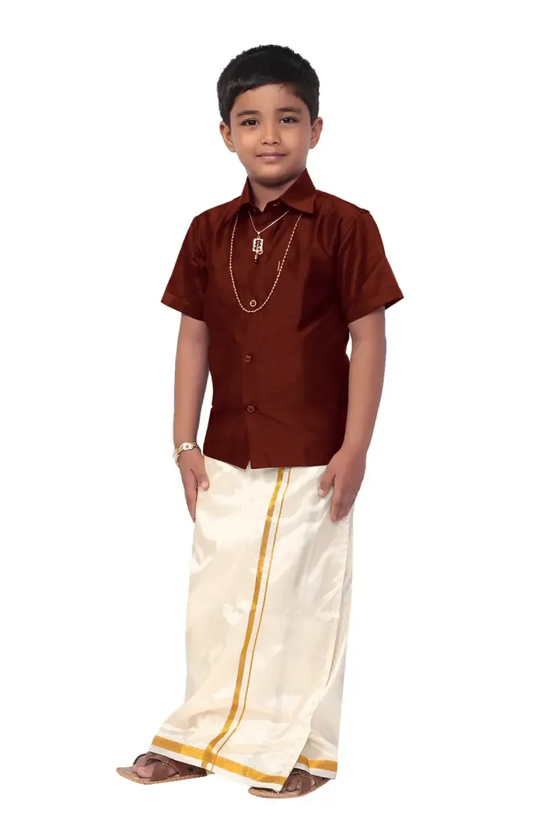 Boy's Art Silk Shirt & Dhoti with Angavasthuram 5 Pcs Set (Accessories Included)