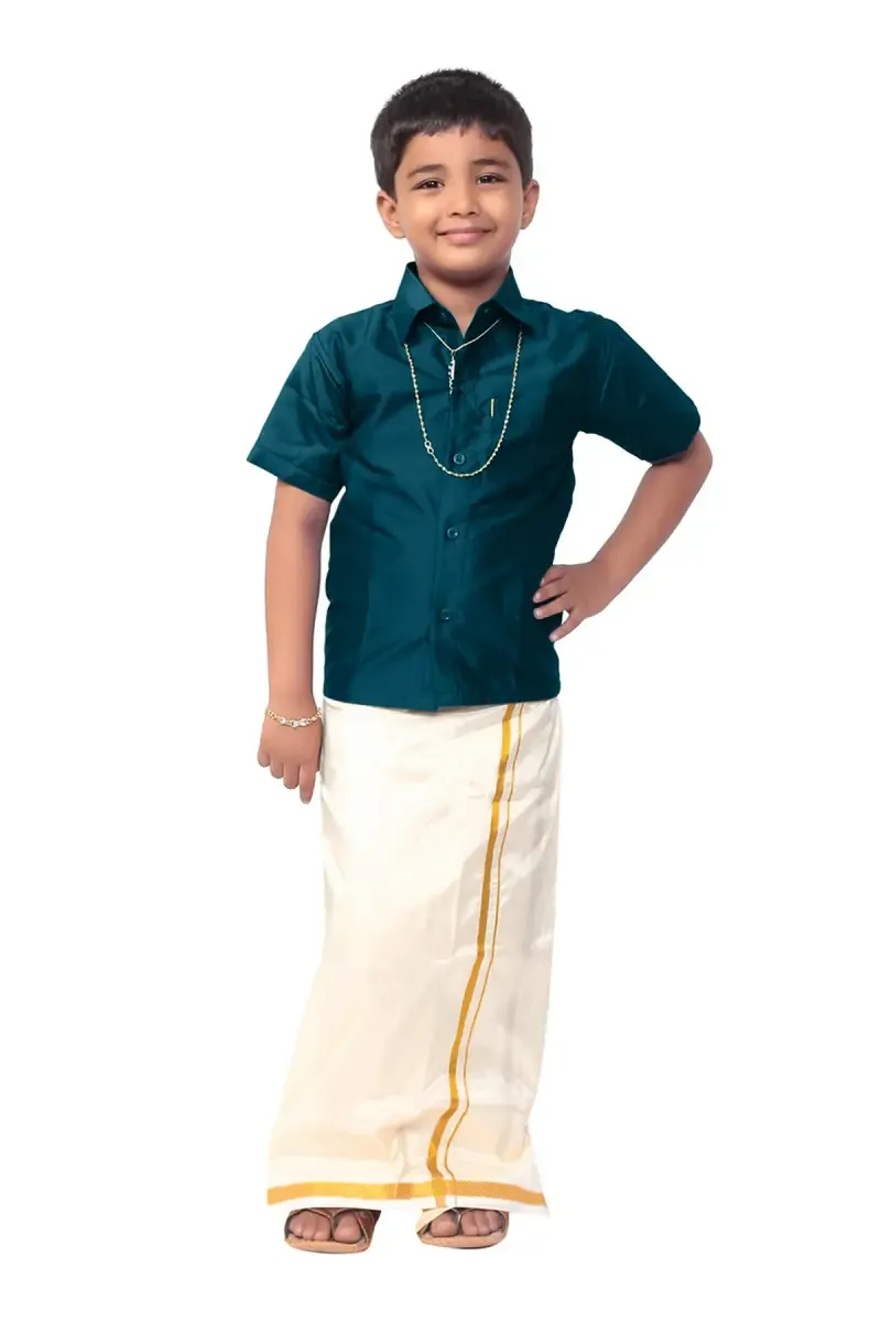 Boy's Art Silk Shirt & Dhoti with Angavasthuram 5 Pcs Set (Accessories Included)