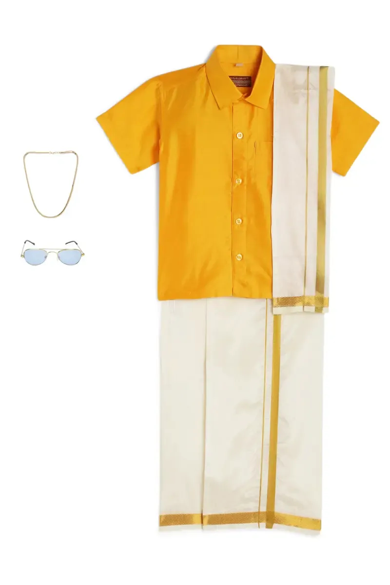 Boy's Art Silk Shirt & Dhoti with Angavasthuram 5 Pcs Set (Accessories Included)