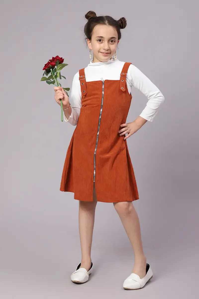 Girl's Corduroy Solid Dungaree Set (4-17 Yrs)