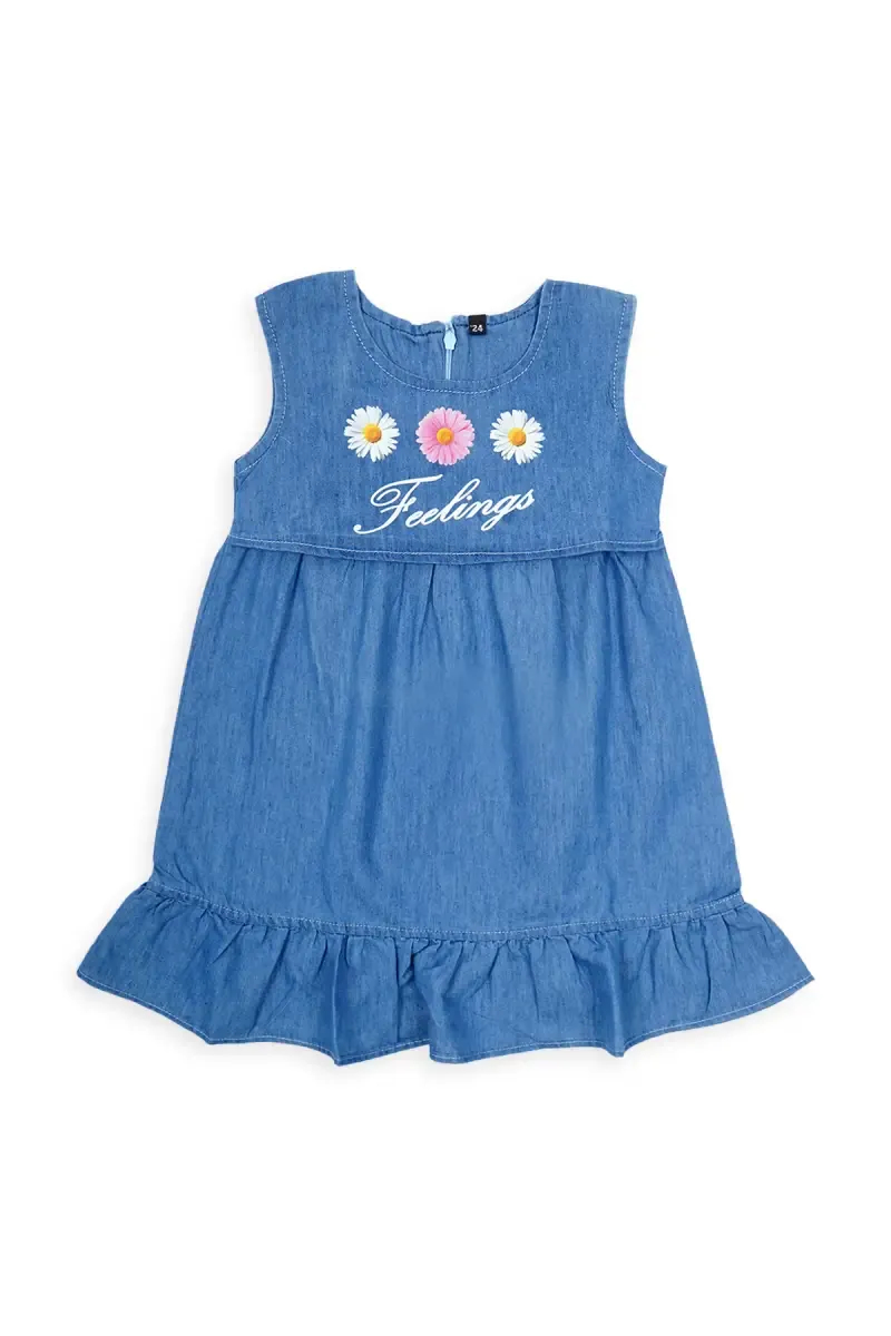 Denim Printed Frock For Girls 