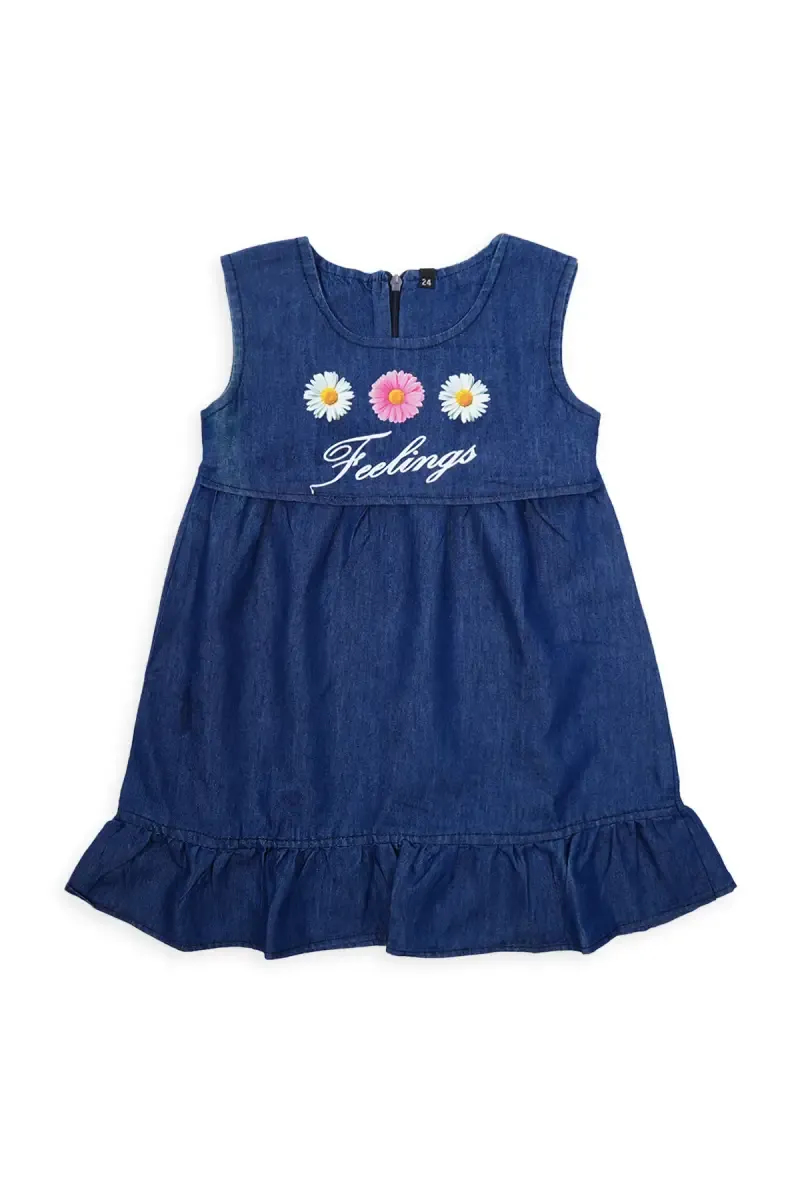 Denim Printed Frock For Girls 