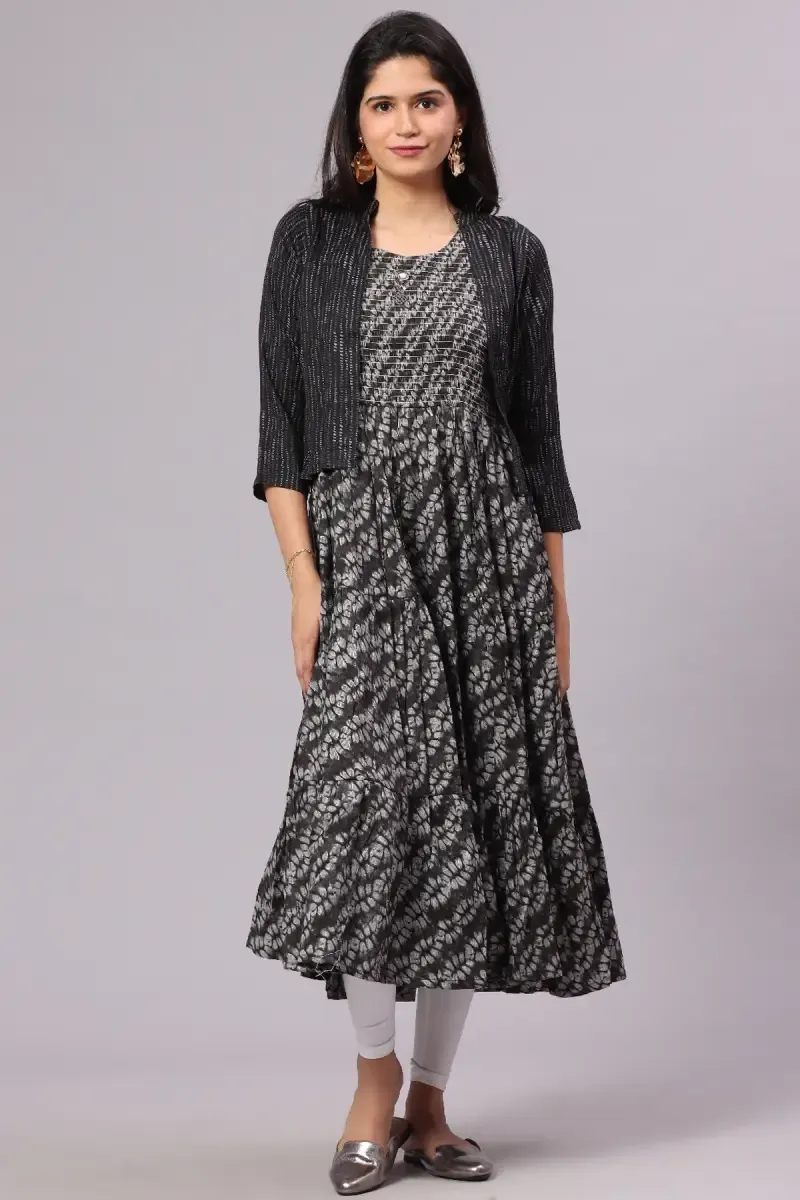 Cotton Blend Printed Dress with Jacket for Women