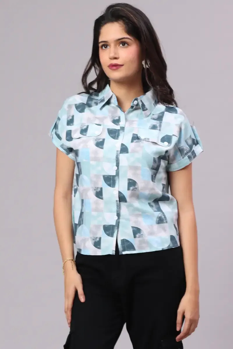 Cotton Blend Abstract Printed Shirt Type Top for Women