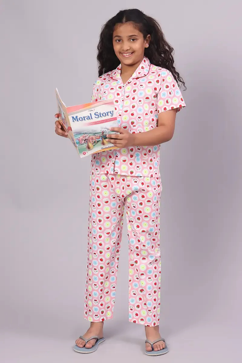 Girl's Cotton Blend Printed Pyjama Set (1 - 10 Yrs)