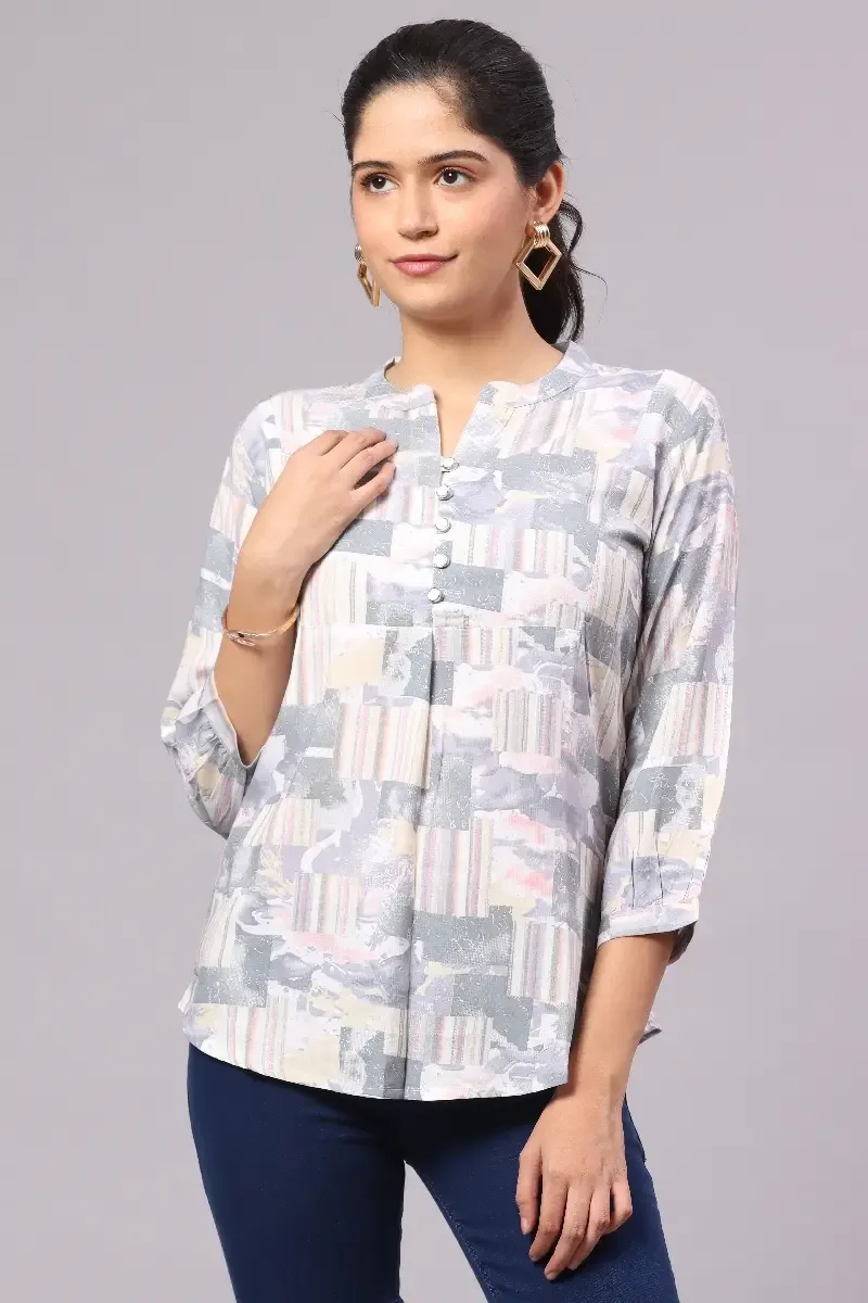 Georgette Abstract Printed Shirt Style Top for Women