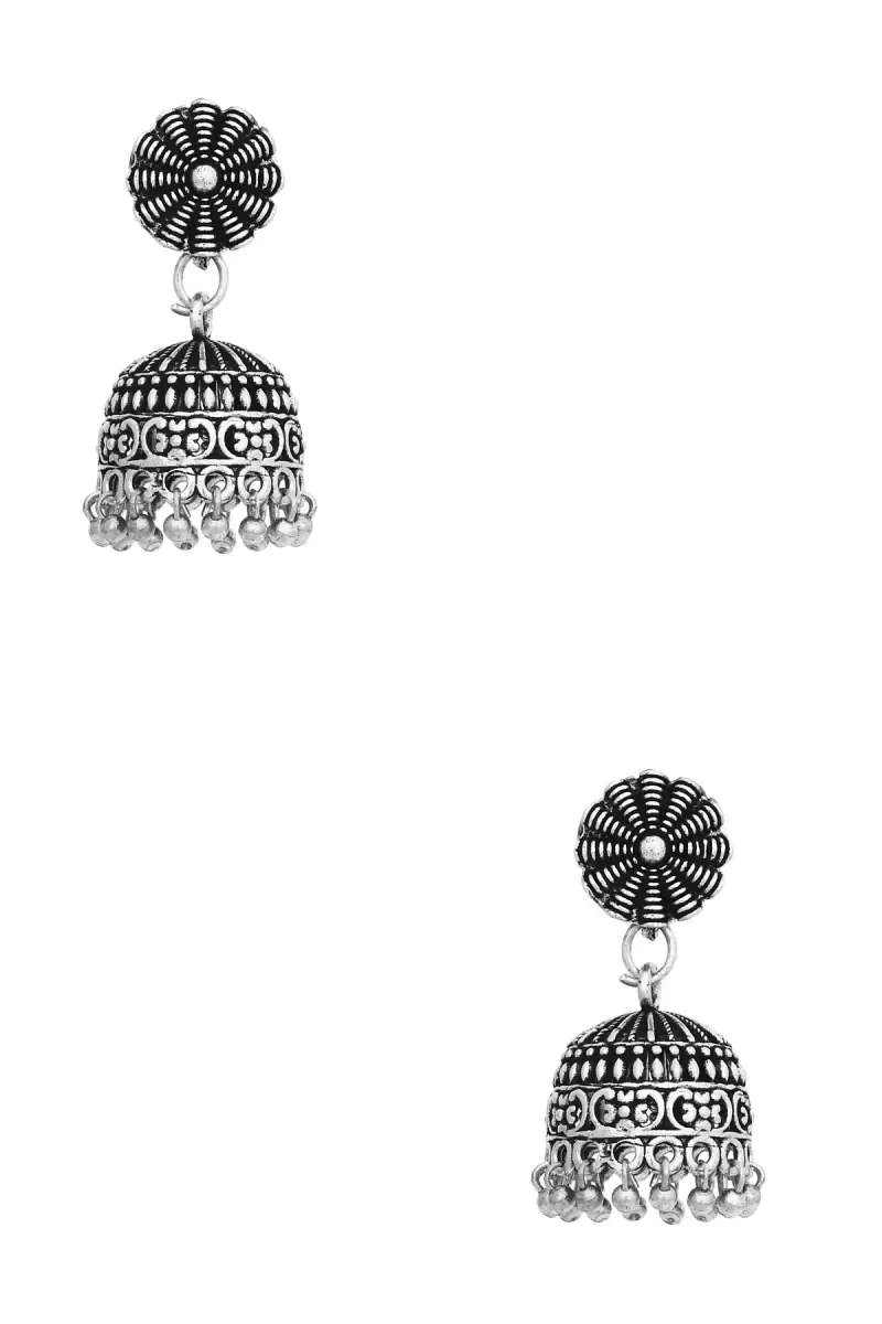 Oxidised Silver Floral Jhumki Earrings for Girls & Women