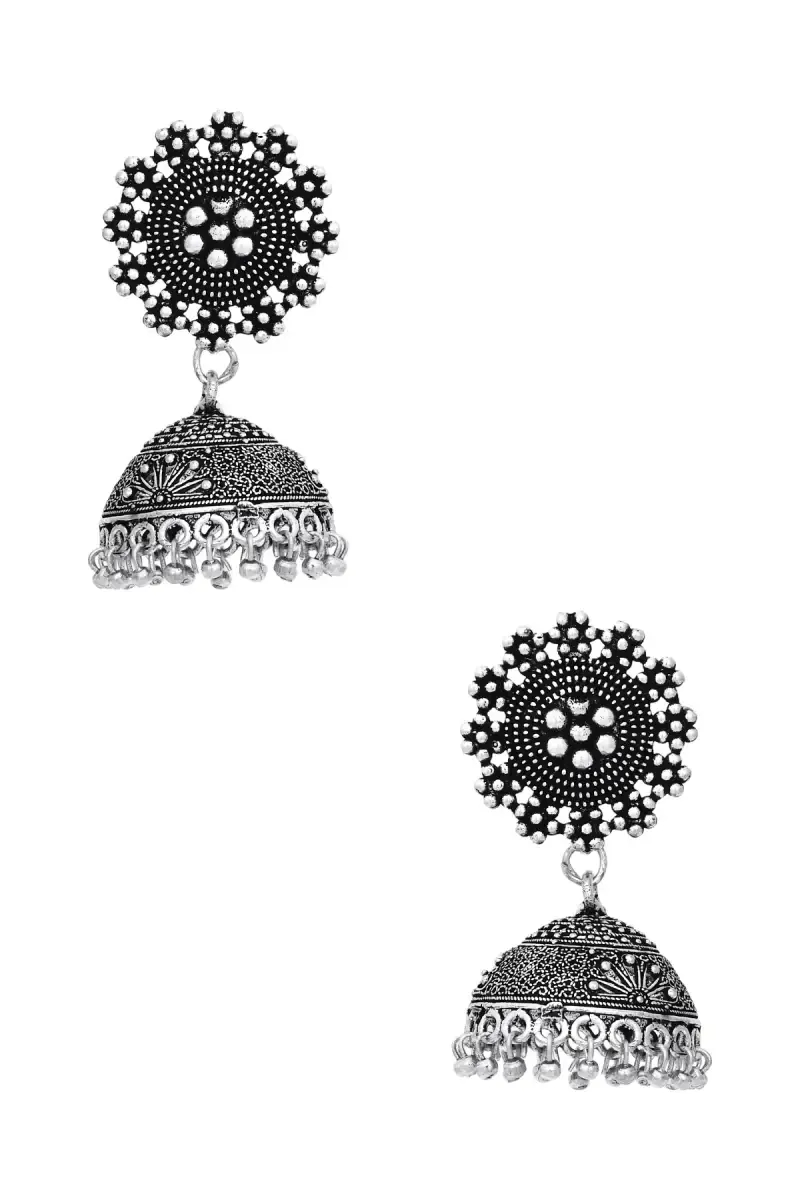 Oxidized Silver Floral Jhumki Earrings for Girls & Women