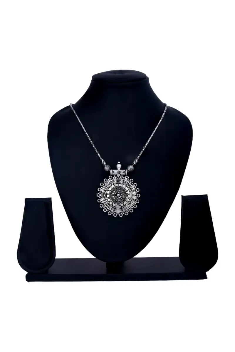 Antique Oxidized Silver Circular Pendant Necklace for Girls & Women