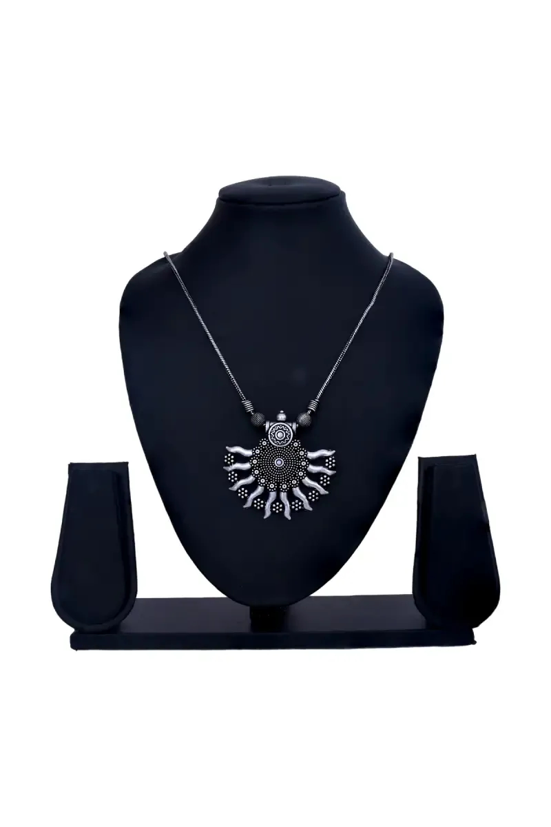 Oxidized Silver Sunburst Pendant Necklace for Girls & Women