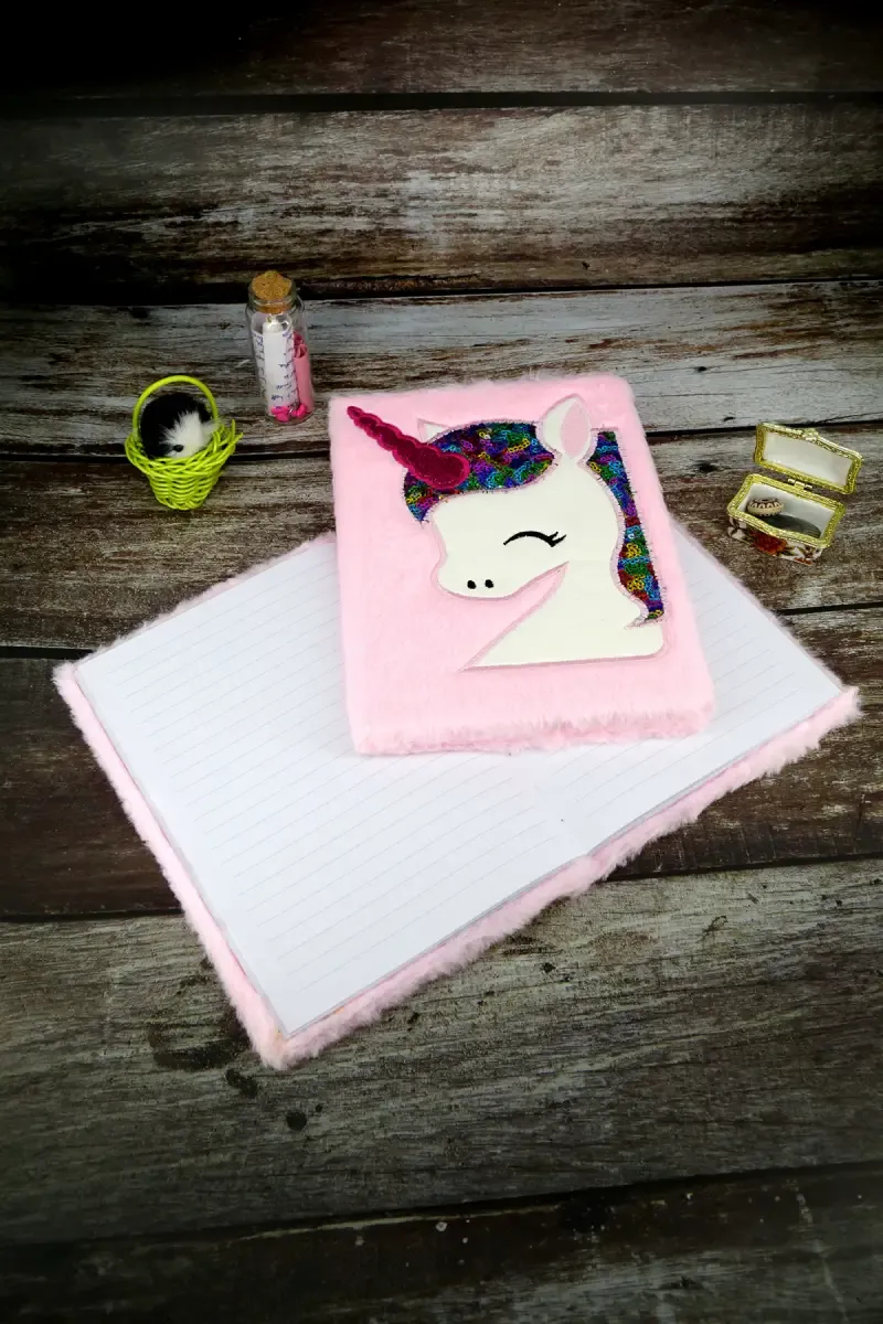 Unicorn Embossed Fur-Covered Ruled Diary for Kids - Pink