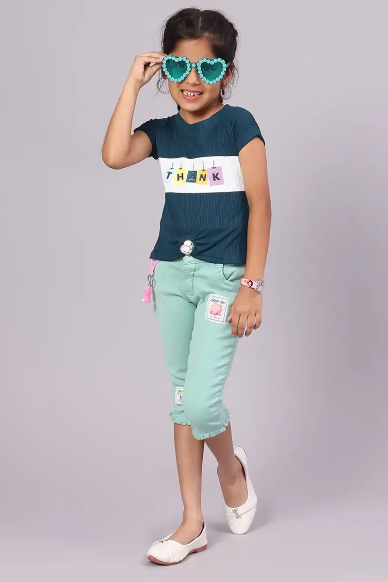 Girl's Denim Solid Capri with Belt (1-16 Yrs)