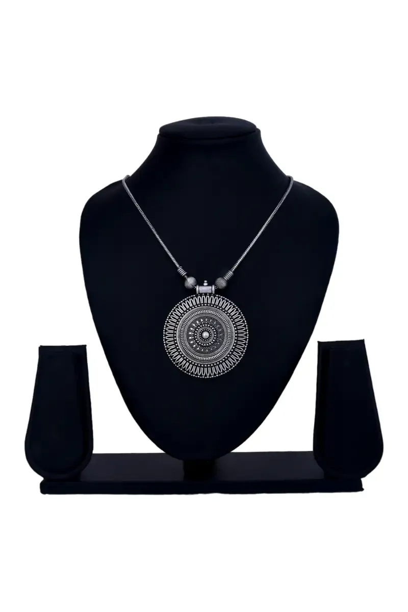 Antique Oxidized Silver Circular Pendant Necklace for Girls & Women