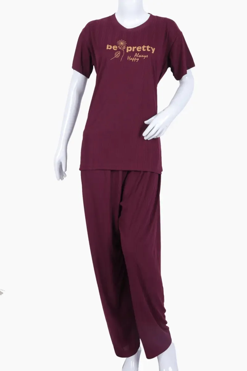 Lycra Typographic Print T-Shirt with Pyjama Set for Women