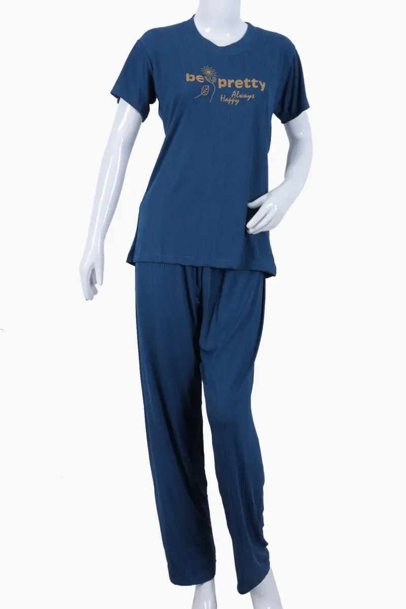 Lycra Typographic Print T-Shirt with Pyjama Set for Women