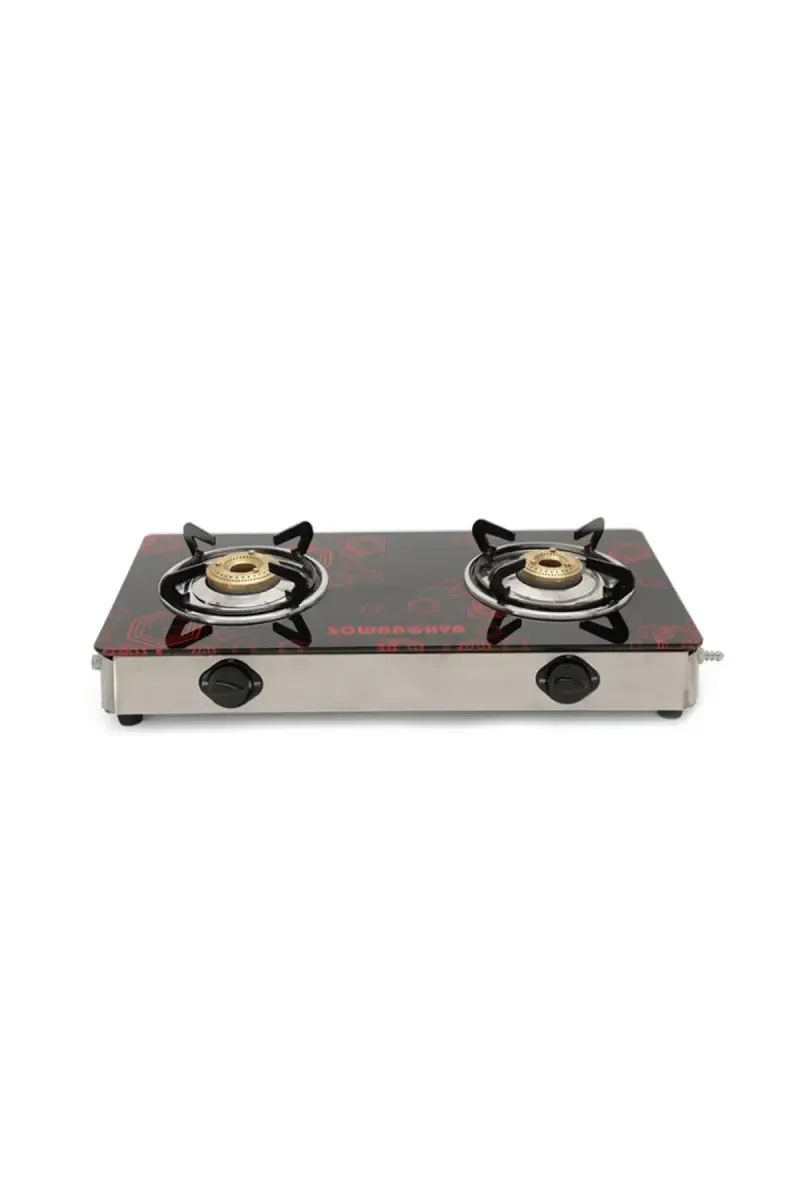 Sowbaghya Compact 2 Burner Glass Top Gas Stove with Drip Tray
