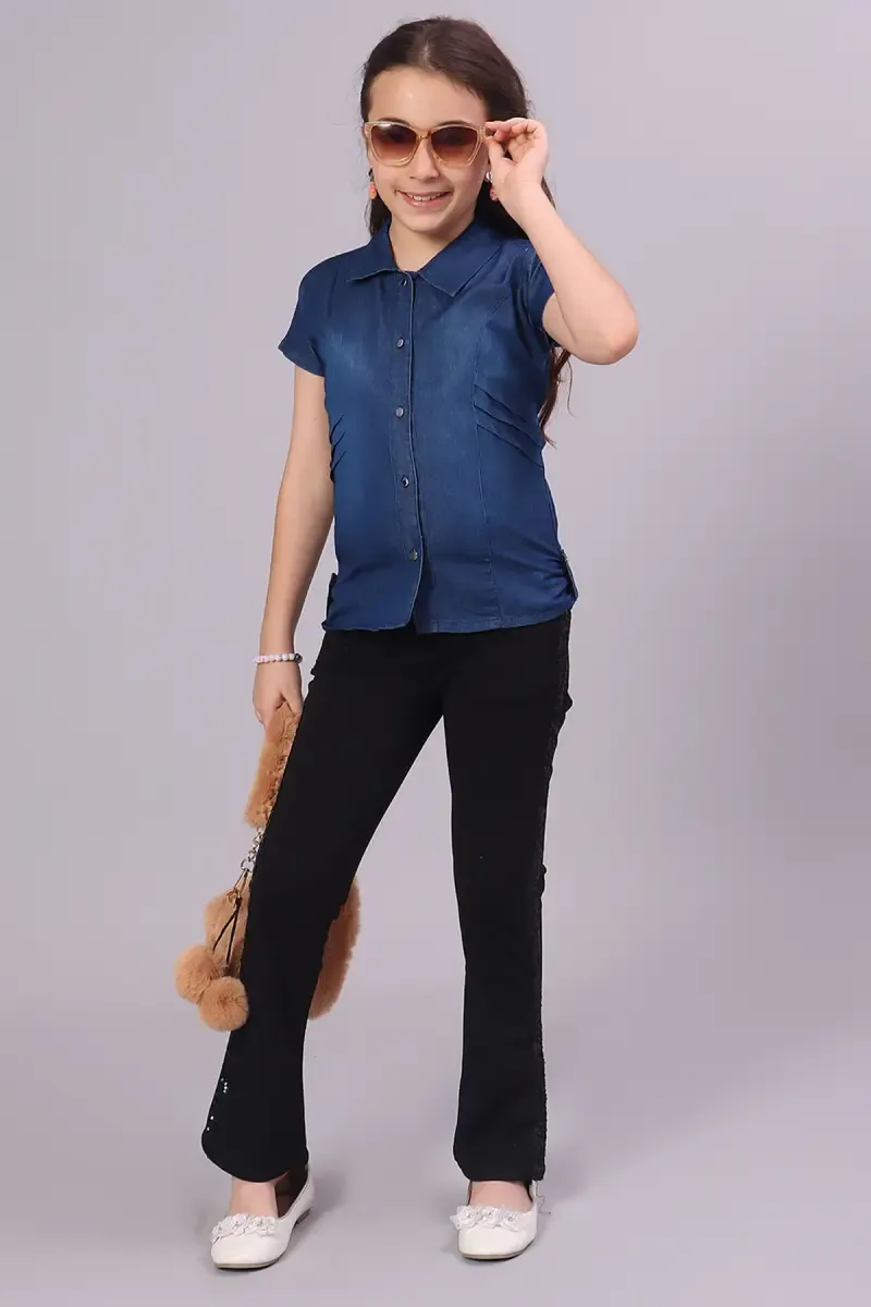 Girl's Denim Solid Polo Shirt (4 - 17 Yrs)