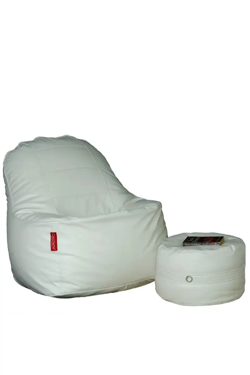 Couchette Faux Leather XXXL Lounge Chair Luxury Bean Bag Cover with Footrest in White Color (Without Fillers)