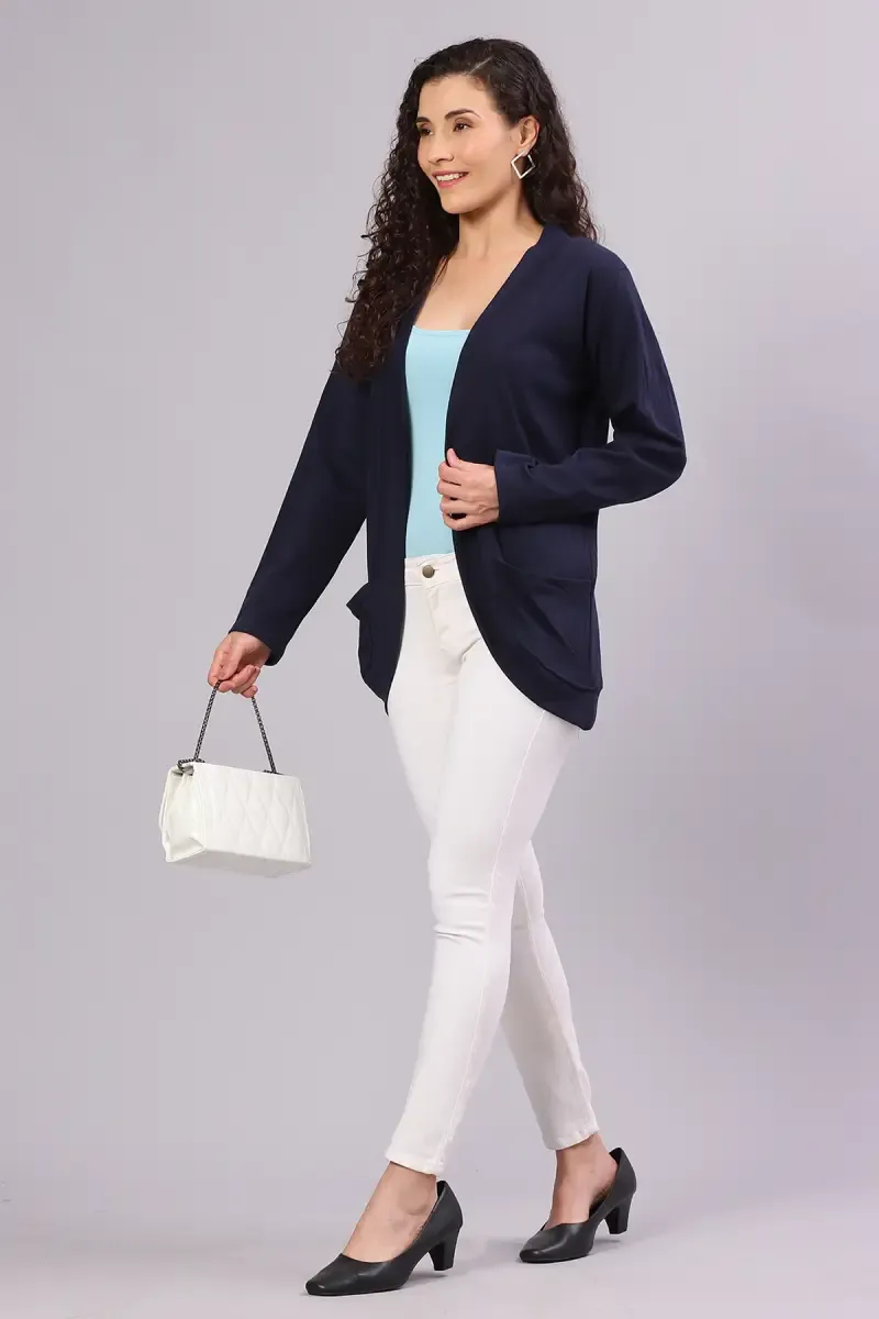Cotton Blend Solid Front-Open Shrug for Women