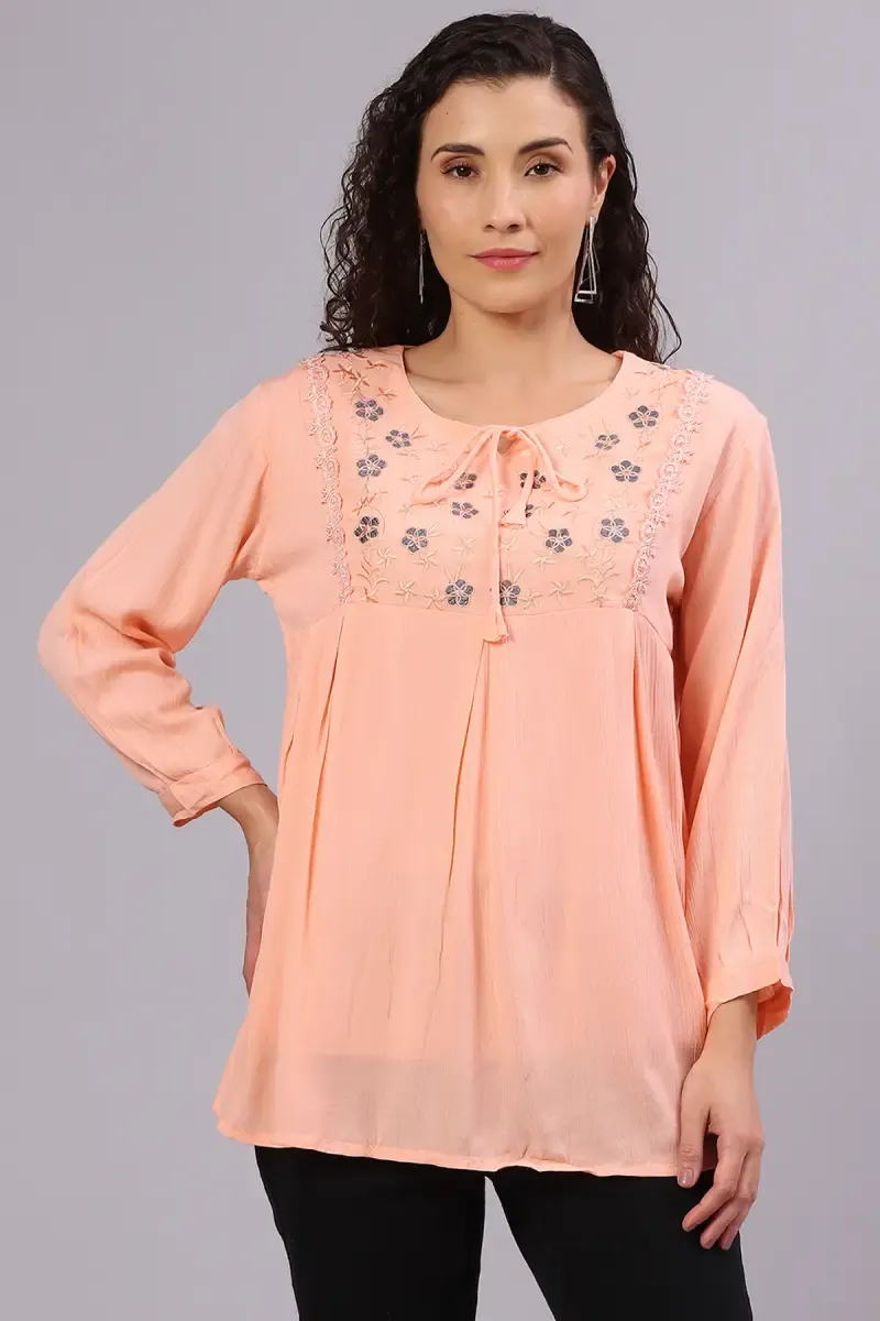 Georgette Embroidered Tie-Up Neck Top for Women