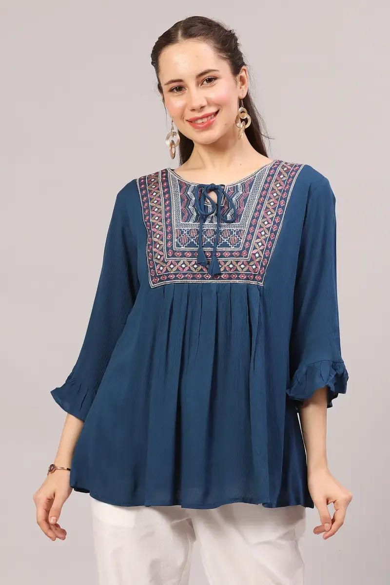  Cotton Blend Embroidered Longline Top for Women