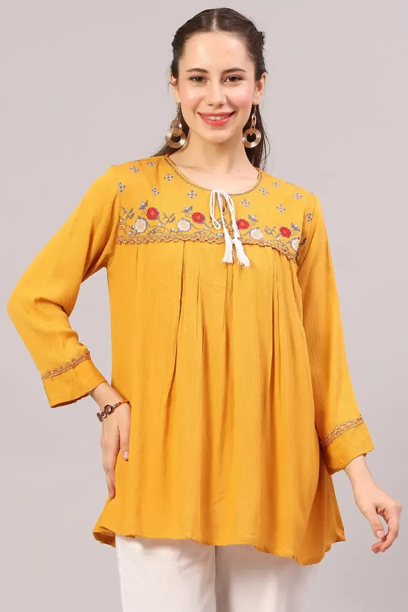 Cotton Blend Embroidered Longline Top for Women