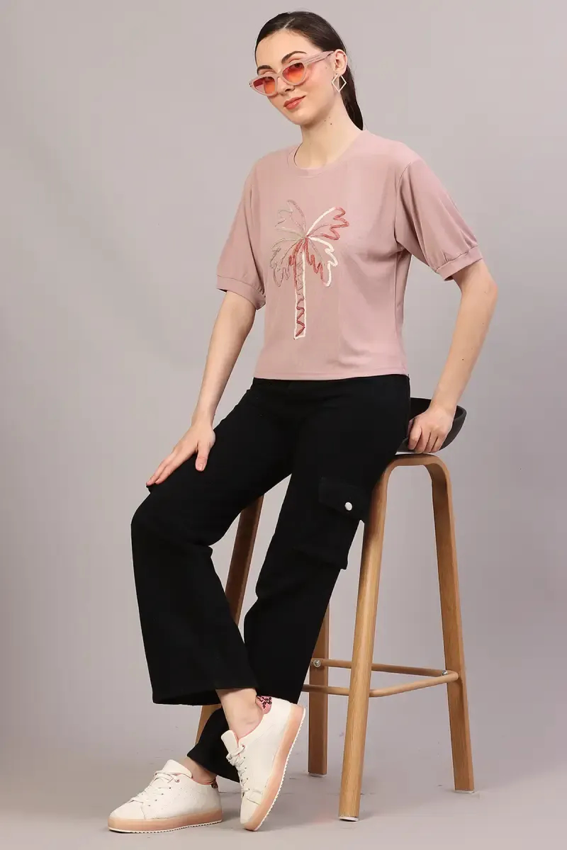 Lycra Embroidered T-Shirt for Women