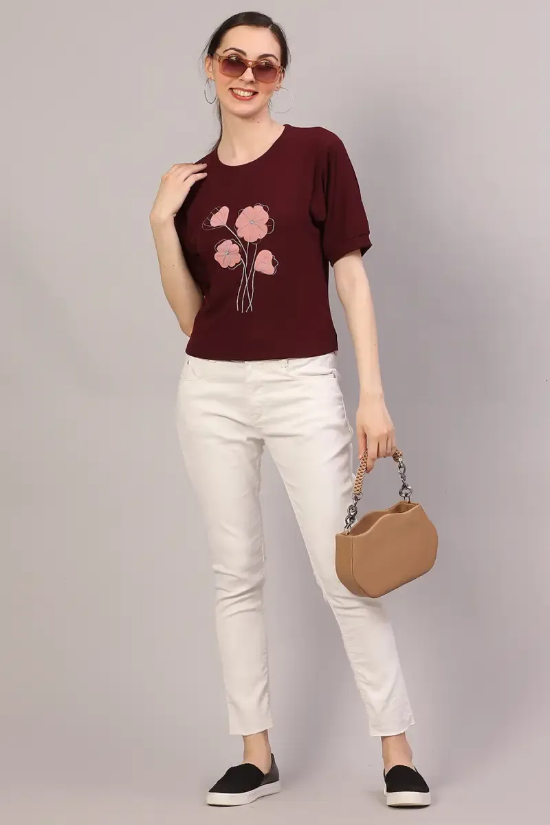 Cotton Lycra Embroidered T-Shirt for Women