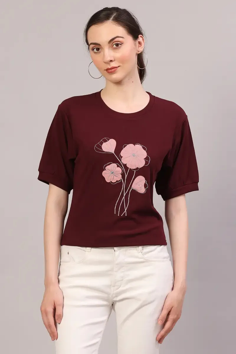 Cotton Lycra Embroidered T-Shirt for Women