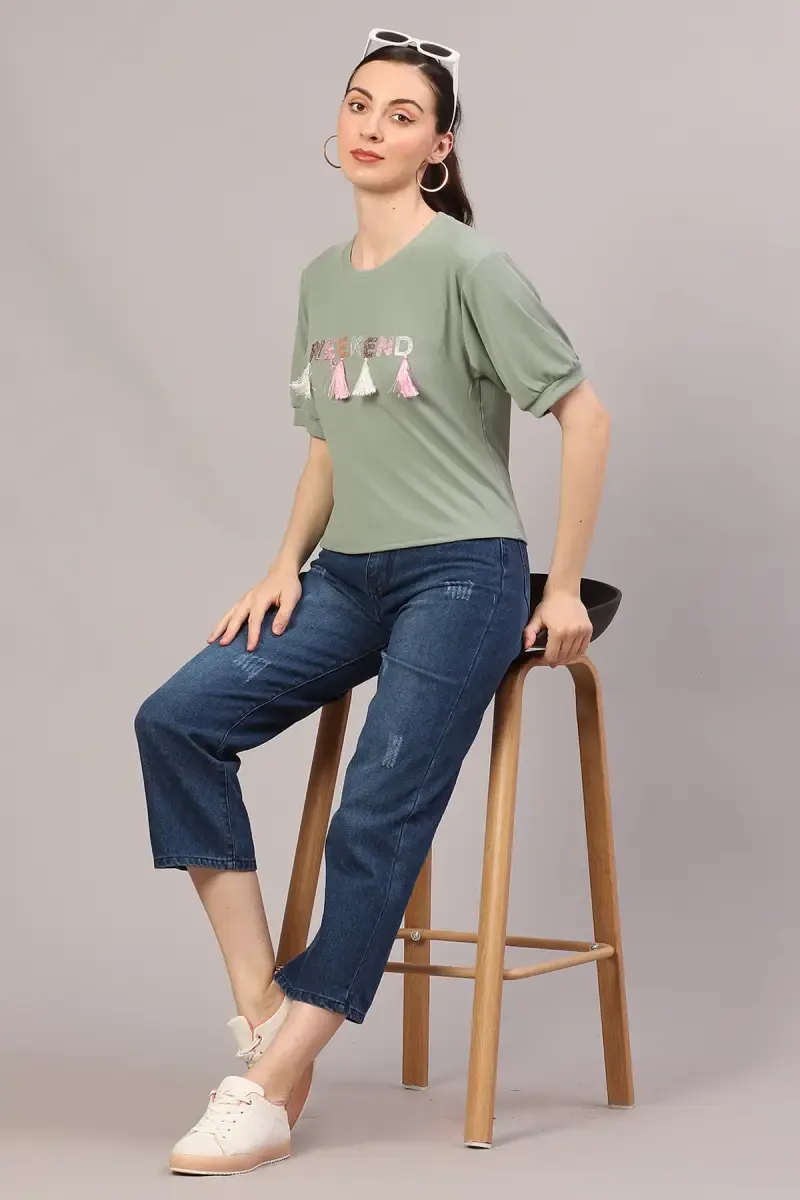 Cotton Lycra Flock Applique T-Shirt for Women