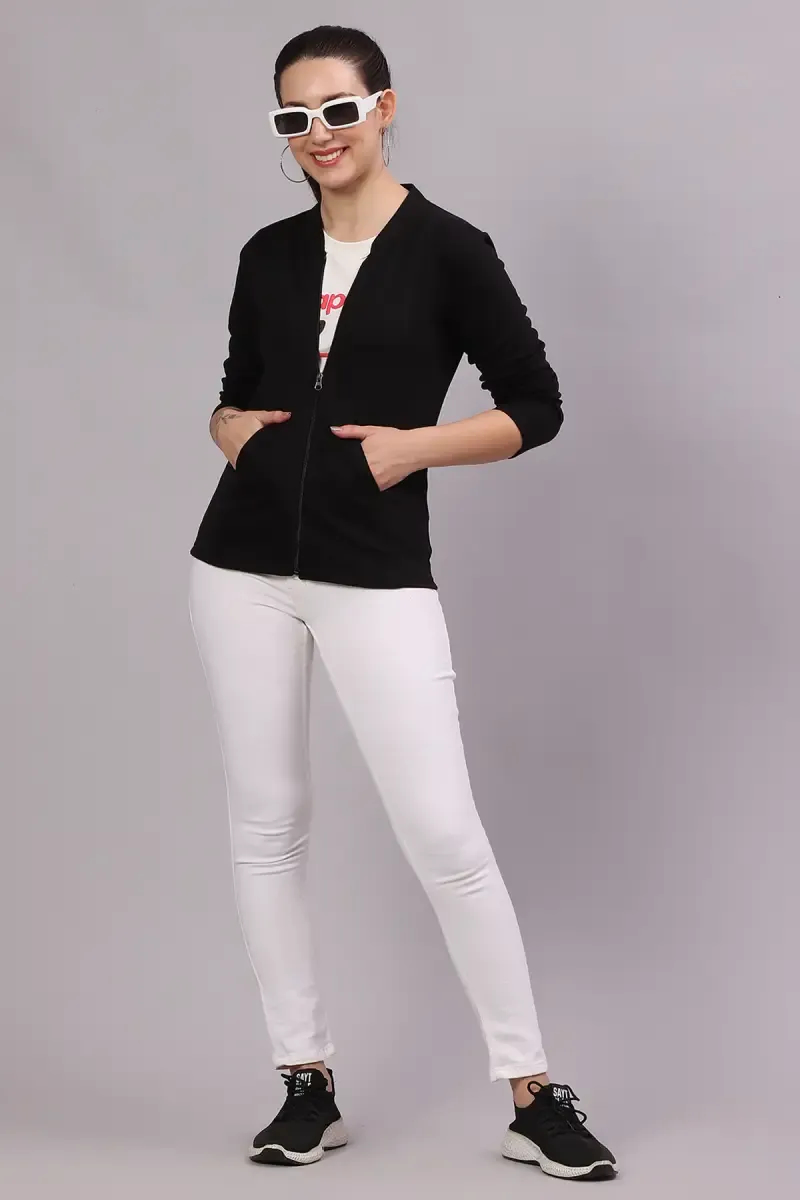 Cotton Blend Solid Sweat Shirt with Pocket for Women