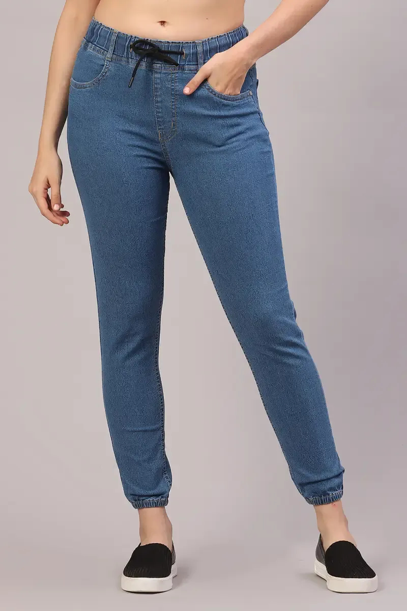 Denim Solid Mid Rise Joggers for Women
