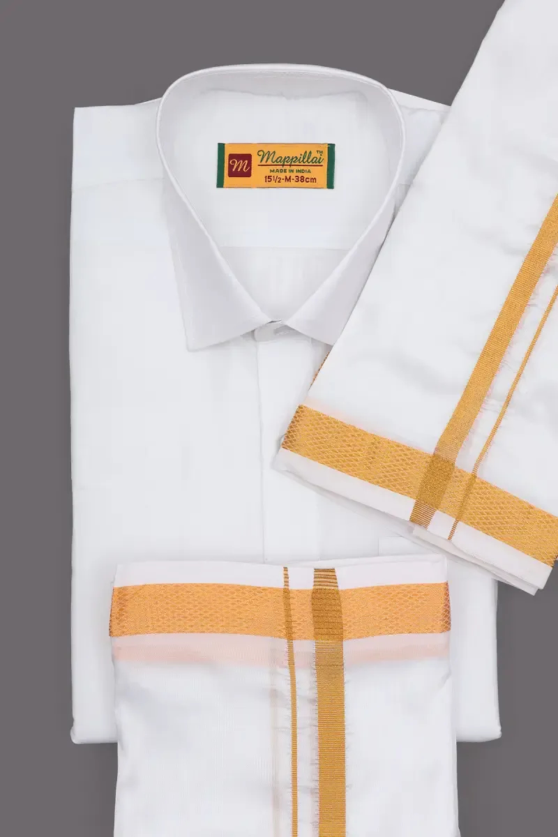 Men's Art Silk Shirt with Dhoti & Towel Set (3-Pcs Set)