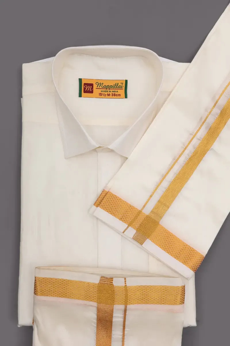 Men's Art Silk Shirt with Dhoti & Towel Set (3-Pcs Set)