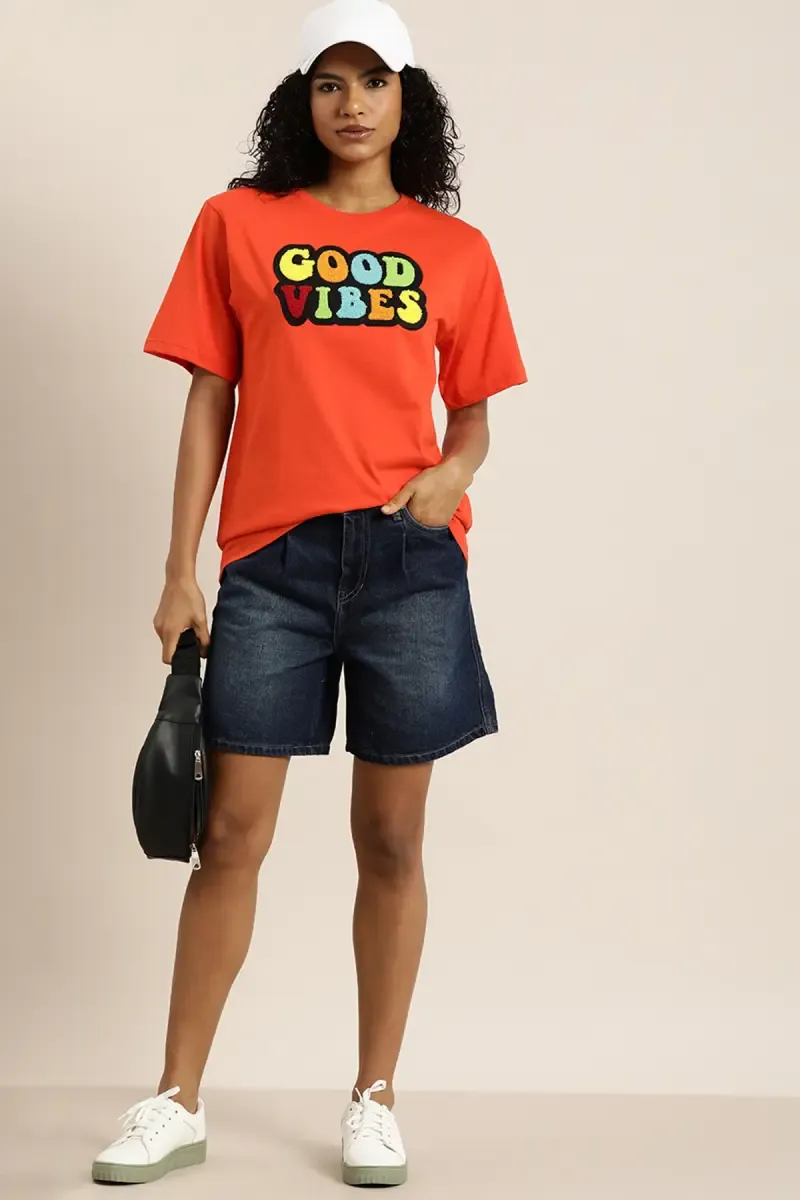 Cotton Typographic Embroidery Oversized T-Shirt for Women