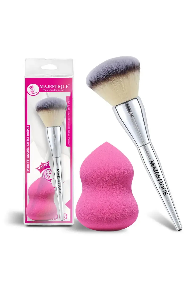 Majestique Foundation Brush with Blender Sponge (Multicolor) - Pack of 2