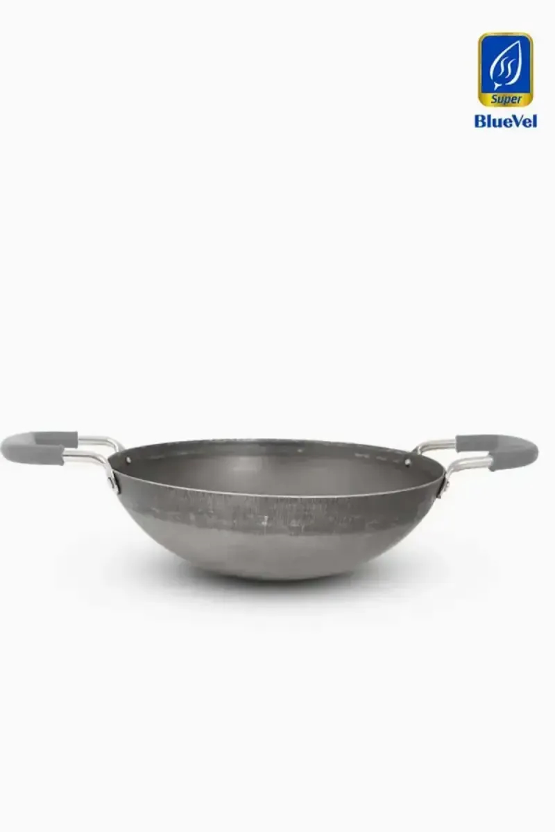 Bluevel 100% Pure Sheet Iron Kadai with Silicone Handle, Concave, Seasoned, Toxin-Free, 10 Inch